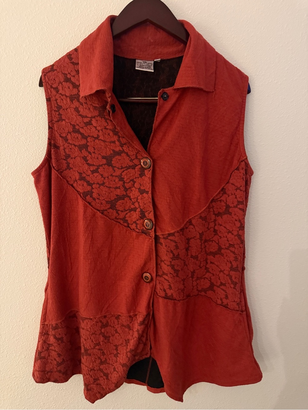 Parsley & Sage Rust Floral Lace Sleeveless Tunic Vest Large Lagenlook Boho